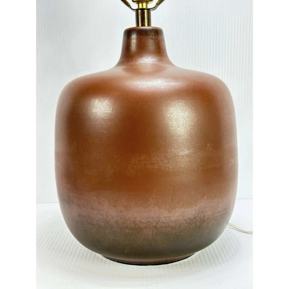 Vintage Bostlund‎ Rich Brown Glaze Pottery Table Lamp With Shade Mid Century Mod